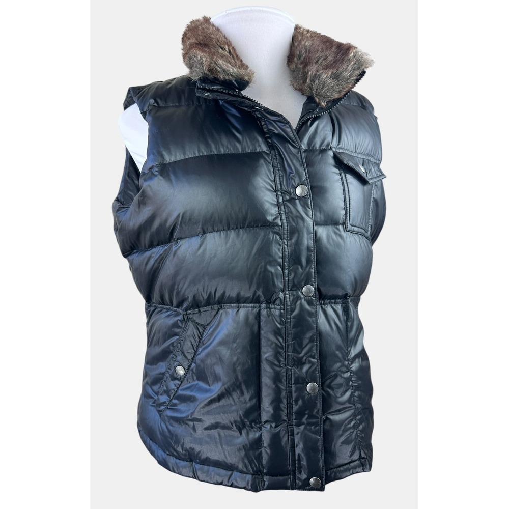 Eddie Bauer Goose Down Puffer Vest Faux Fur Trim XXL Black Zip Snap Gorpcore - Picture 13 of 13